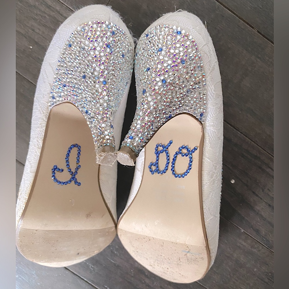Custom Made Swarovski Crystal Lace Wedding Shoes with Crystal Heels and I Do - 8